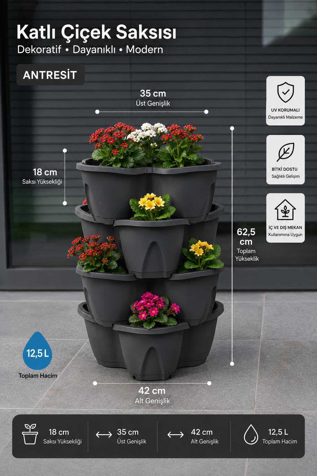 Bahçe Pamukkale Saksı 4'lü Set 12,5 Litre Modüler Saksı