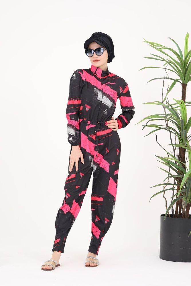 Fuşya Çizgi Desen Tasarım Tesettür Paraşüt Kumaş Tulum Mayo