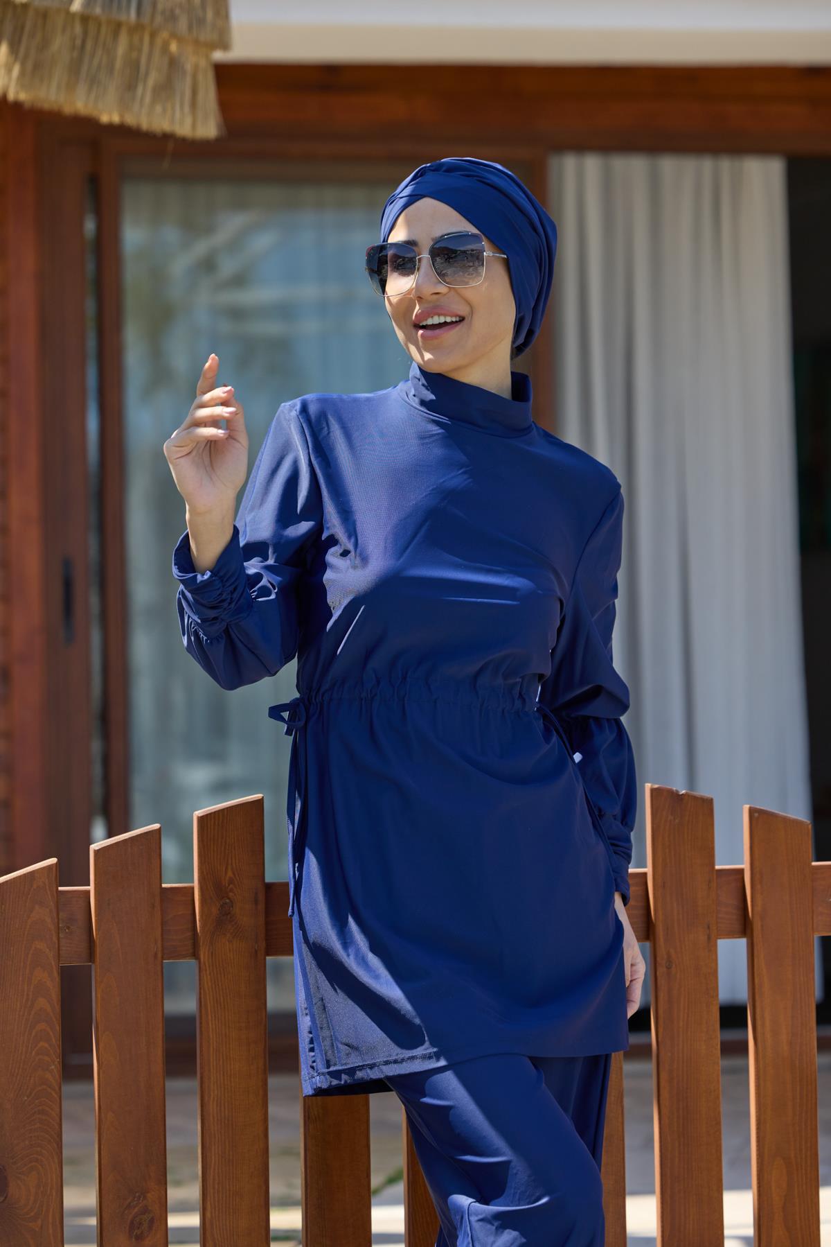 Diana Büzgülü Lacivert Tasarım Tesettür Mayo Takım