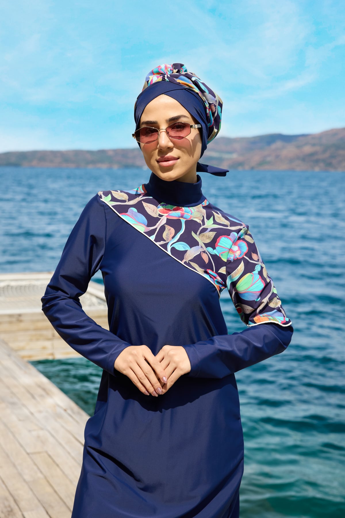 Ebru Model Omuz Desenli Lycralı Tasarım Tesettür İkili Mayo Takım