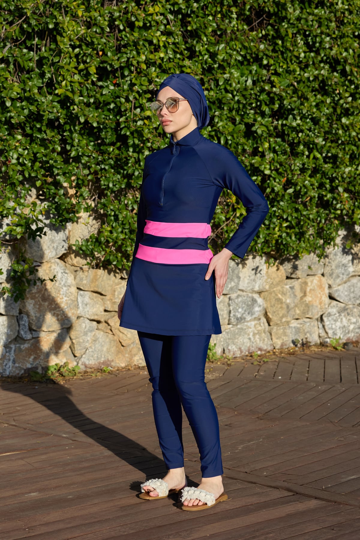 GOLF PEMBE ŞERİTLİ LACİVERT TASARIM TESETTÜR İKİLİ MAYO TAKIM