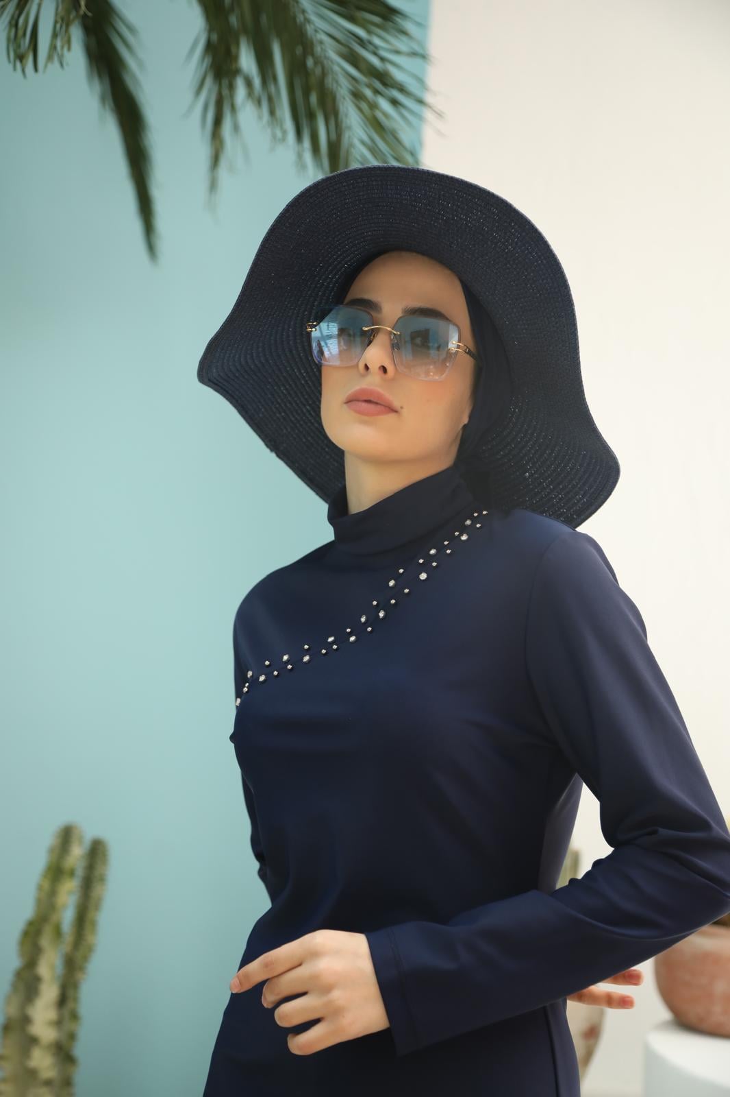 Lacivert Çakım Taşlı Tasarım Testtür Mayo Takım