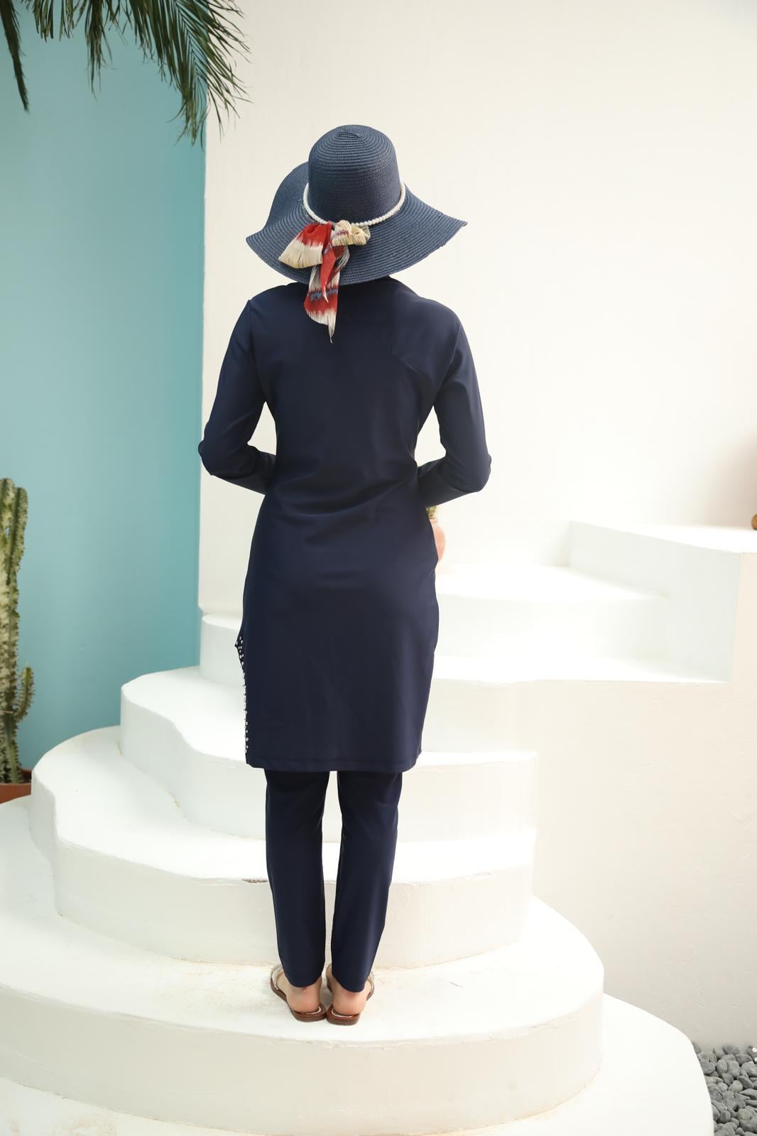 Lacivert Çakım Taşlı Tasarım Testtür Mayo Takım