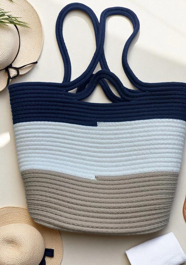 Wave Model Üç Renkli Lacivert Hasır Plaj Çantası | Markasız