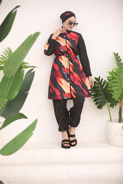 Alev Desen Kolları Fermuarlı Mayo Takım