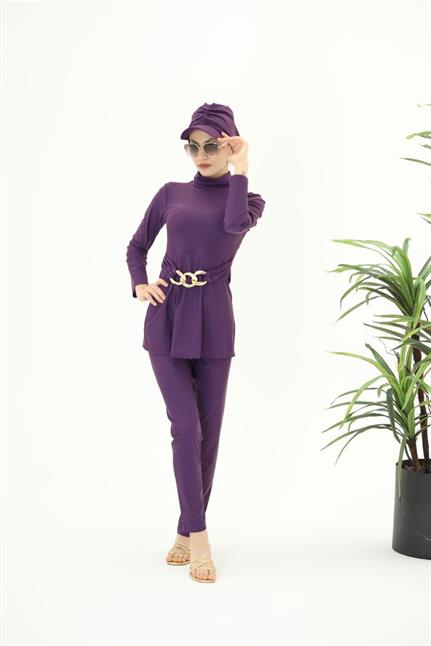 Fulya Zincir Detaylı Ikili Tasarım Tesettür Takım Mayo