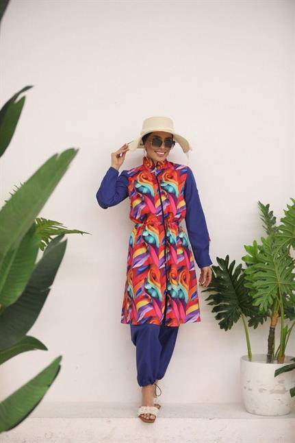 Gökkuşağı Desen Kolları Fermuarlı Tasarım Tesettür Mayo Takım