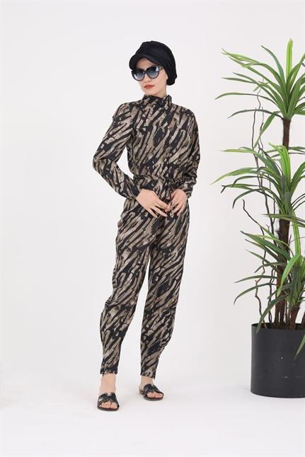 Kahverengi Çizgi Desen Tasarım Tesettür Paraşüt Kumaş Tulum Mayo