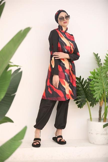 Alev Desen Kolları Fermuarlı Mayo Takım