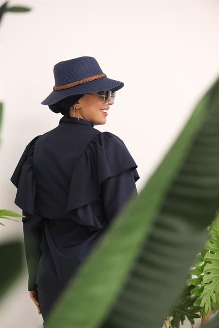 Omuzu Farbelalı Lacivert Tasarım Tesettür Paraşüt Kumaş Tulum Mayo