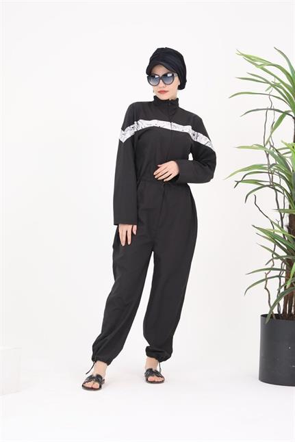 Floria Beyaz Şeritli Tasarım Tesettür Paraşüt Kumaş Tulum Mayo