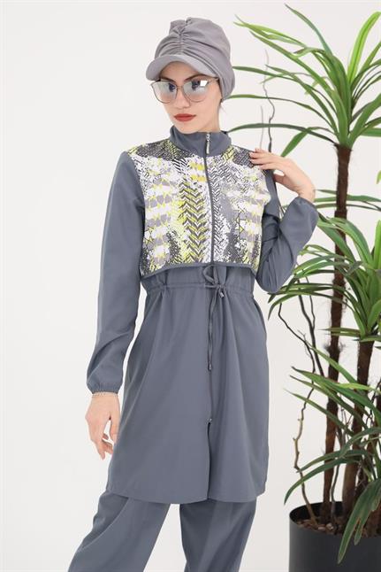 Sabrina Gri Desenli Tasarım Tesettür Paraşüt Kumaş Ikili Mayo Takım 364