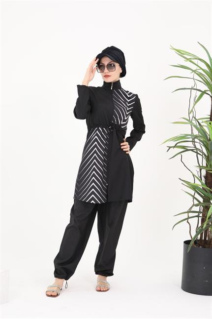 Elena Balık Sırtı Desenli Tasarım Tesettür Paraşüt Kumaş Ikili Mayo Takım 363