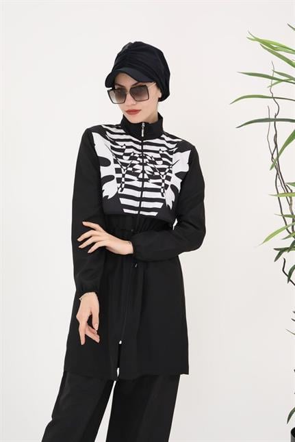 Sabrina Yaprak Desenli Tasarım Tesettür Paraşüt Kumaş Ikili Mayo Takım 364