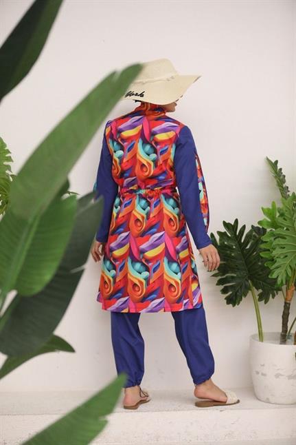 Gökkuşağı Desen Kolları Fermuarlı Tasarım Tesettür Mayo Takım