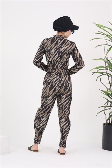 Kahverengi Çizgi Desen Tasarım Tesettür Paraşüt Kumaş Tulum Mayo