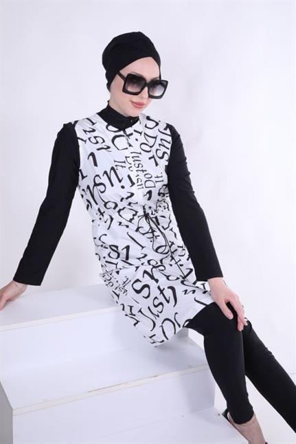 Yazılı Desen Paraşüt Kumaştan 3lü Mayo Takımı Beyaz