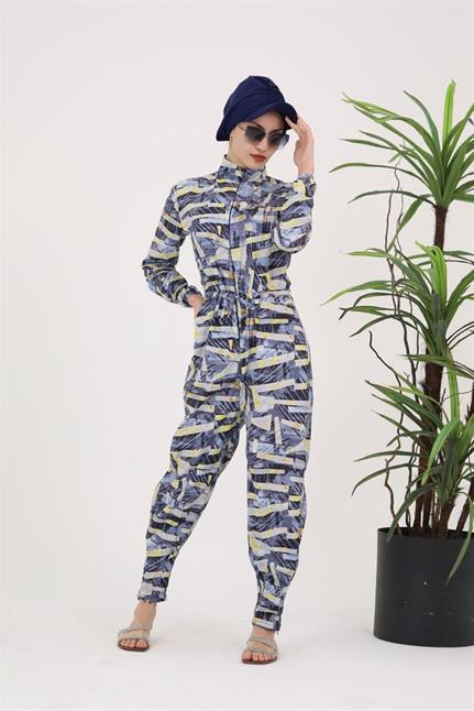 Mavi Desen Tasarım Tesettür Paraşüt Kumaş Tulum Mayo