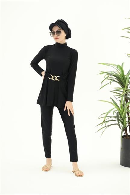 Fulya Zincir Detaylı Ikili Tasarım Tesettür Takım Mayo
