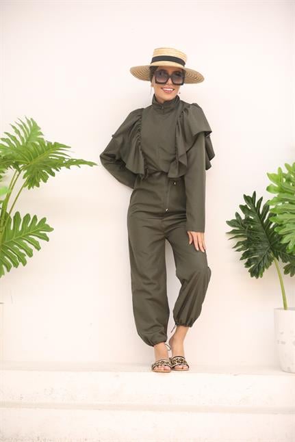 Omuzu Farbelalı Haki Tasarım Tesettür Paraşüt Kumaş Tulum Mayo