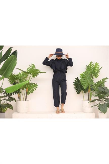 Omuzu Farbelalı Lacivert Tasarım Tesettür Paraşüt Kumaş Tulum Mayo