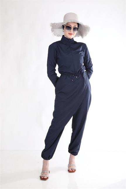 Allerli Lacivert Tasarım Tesettür Paraşüt Kumaş Tulum Mayo