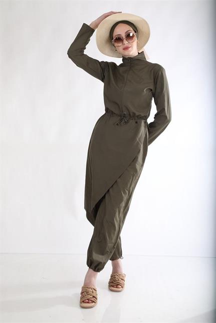 Allerli Haki Tasarım Tesettür Tulum Mayo