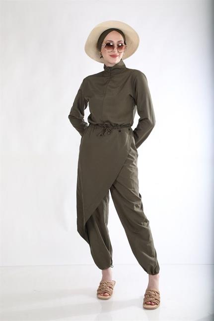 Allerli Haki Tasarım Tesettür Tulum Mayo