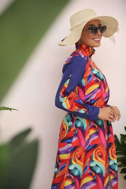 Gökkuşağı Desen Kolları Fermuarlı Tasarım Tesettür Mayo Takım