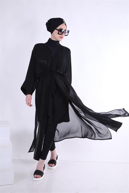 Basic Bağcıklı Siyah Tasarım Tesettür Pareo