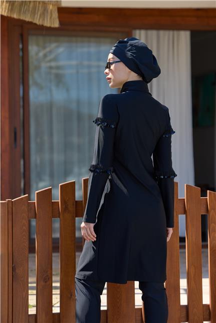 Boncuk Detaylı Siyah İkili Tasarım Tesettür Mayo