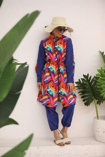 Gökkuşağı Desen Kolları Fermuarlı Tasarım Tesettür Mayo Takım