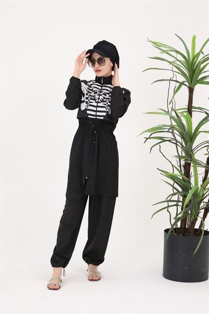 Sabrina Yaprak Desenli Tasarım Tesettür Paraşüt Kumaş Ikili Mayo Takım 364