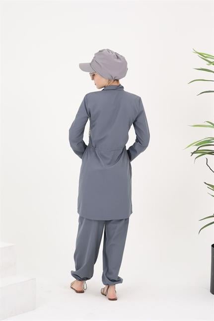 Sabrina Gri Desenli Tasarım Tesettür Paraşüt Kumaş Ikili Mayo Takım 364