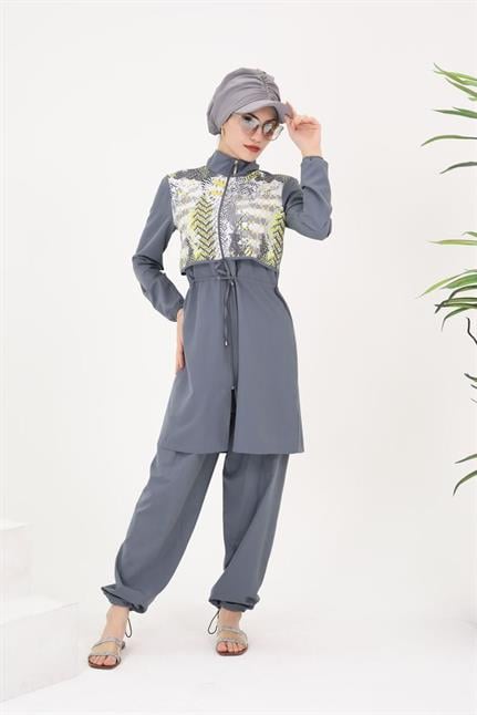 Sabrina Gri Desenli Tasarım Tesettür Paraşüt Kumaş Ikili Mayo Takım 364