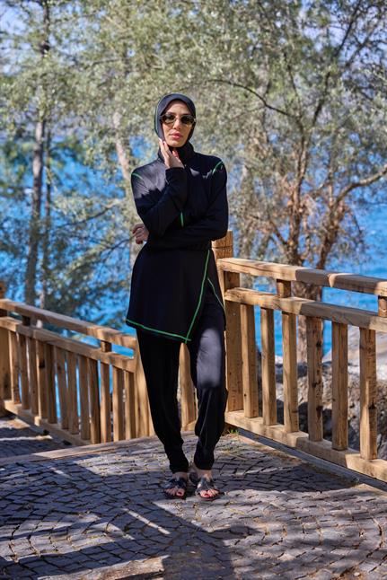 Deren Model Lycralı Modüler Etekli Yeşil Şeritli Tasarım Tesettür Tulum Mayo