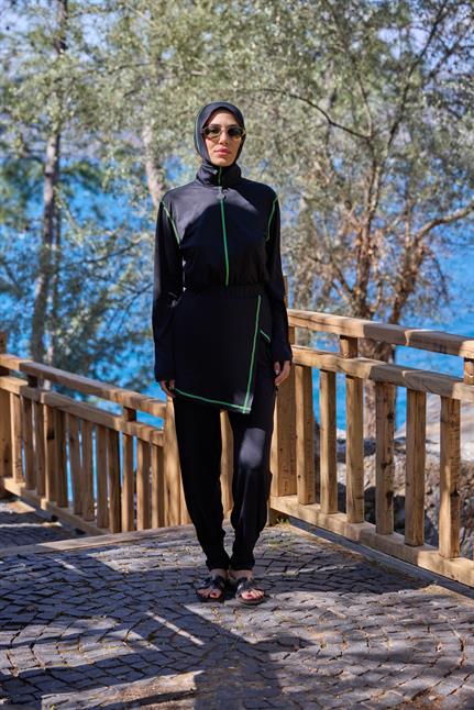 Deren Model Lycralı Modüler Etekli Yeşil Şeritli Tasarım Tesettür Tulum Mayo