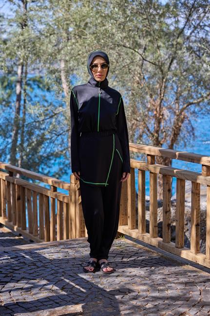 Deren Model Lycralı Modüler Etekli Yeşil Şeritli Tasarım Tesettür Tulum Mayo