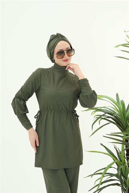 Diana Büzgü Detaylı Tasarım Tesettür Likralı Haki Ikili Takım Mayo