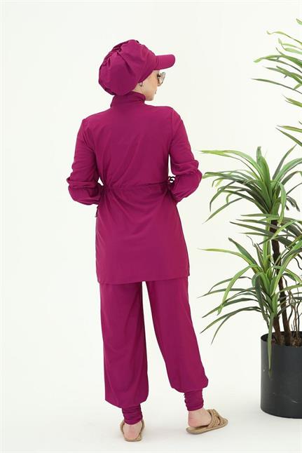 Diana Büzgü Detaylı Tasarım Tesettür Likralı Fuşya Ikili Takım Mayo