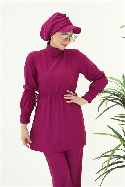 Diana Büzgü Detaylı Tasarım Tesettür Likralı Fuşya Ikili Takım Mayo