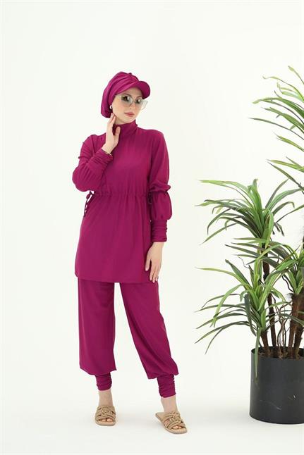 Diana Büzgü Detaylı Tasarım Tesettür Likralı Fuşya Ikili Takım Mayo