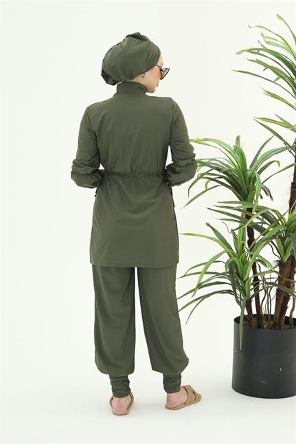 Diana Büzgü Detaylı Tasarım Tesettür Likralı Haki Ikili Takım Mayo