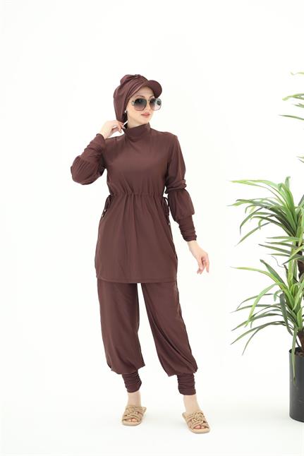 Diana Büzgü Detaylı Tasarım Tesettür Likralı Kahverengi Ikili Takım Mayo