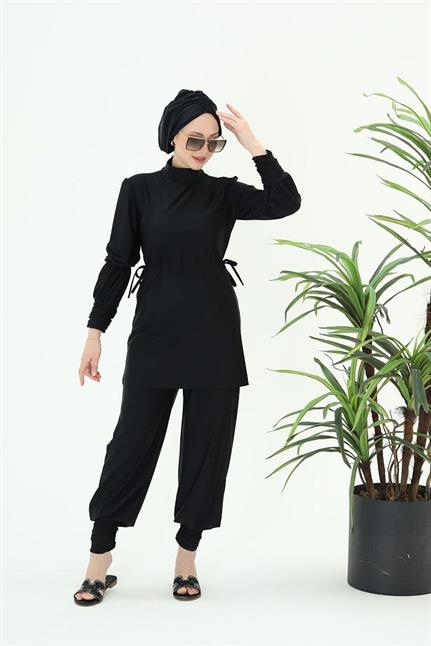 Diana Büzgü Detaylı Tasarım Tesettür Likralı Siyah Ikili Takım Mayo