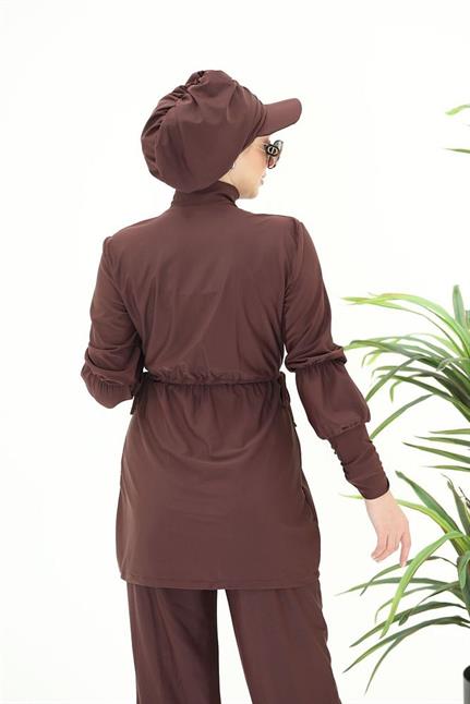 Diana Büzgü Detaylı Tasarım Tesettür Likralı Kahverengi Ikili Takım Mayo