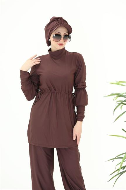 Diana Büzgü Detaylı Tasarım Tesettür Likralı Kahverengi Ikili Takım Mayo