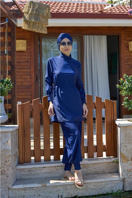Diana Büzgülü Lacivert Tasarım Tesettür Mayo Takım