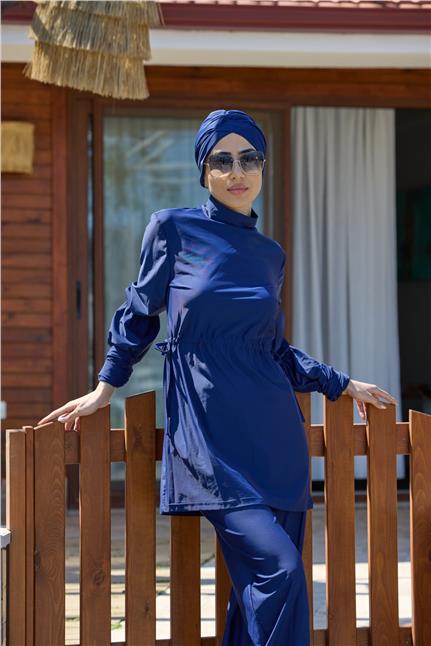 Diana Büzgülü Lacivert Tasarım Tesettür Mayo Takım