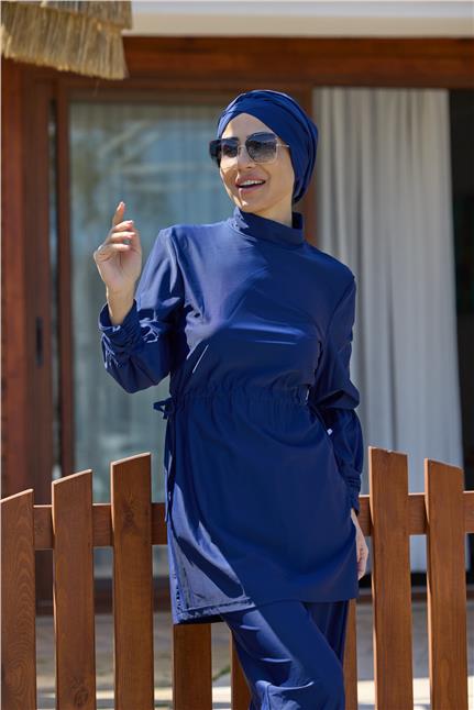 Diana Büzgülü Lacivert Tasarım Tesettür Mayo Takım